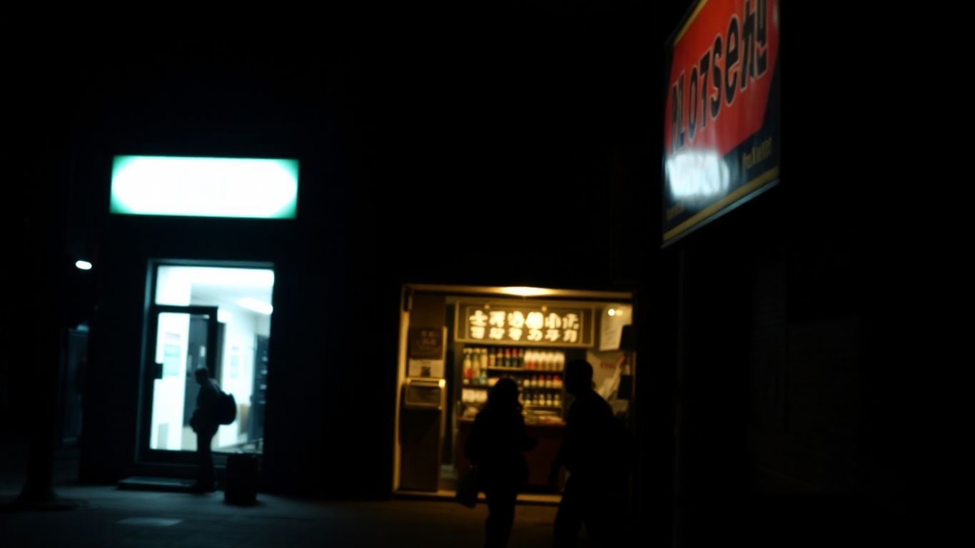 Nighttime street scene with illuminated storefront and cash register.