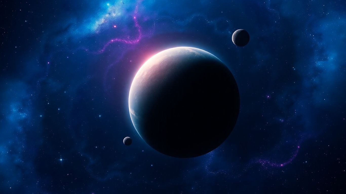 Cosmic nebula with a large planet and distant galaxies.