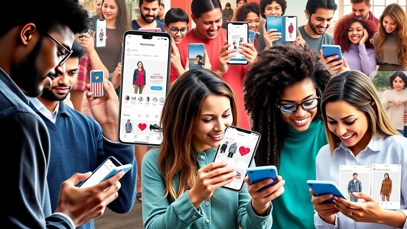 Fashionable people using 21 Buttons app for social commerce.