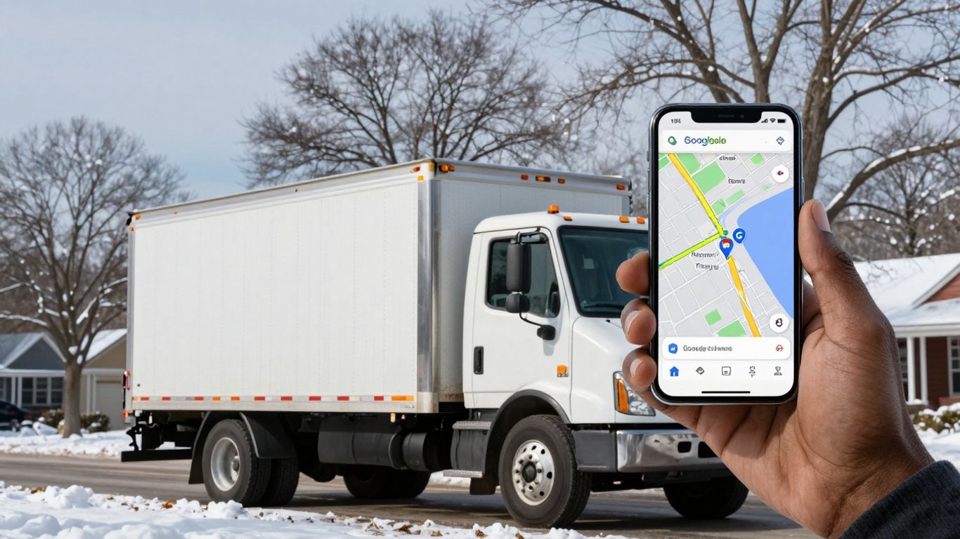 Contractor truck in snow with Google Maps on phone.