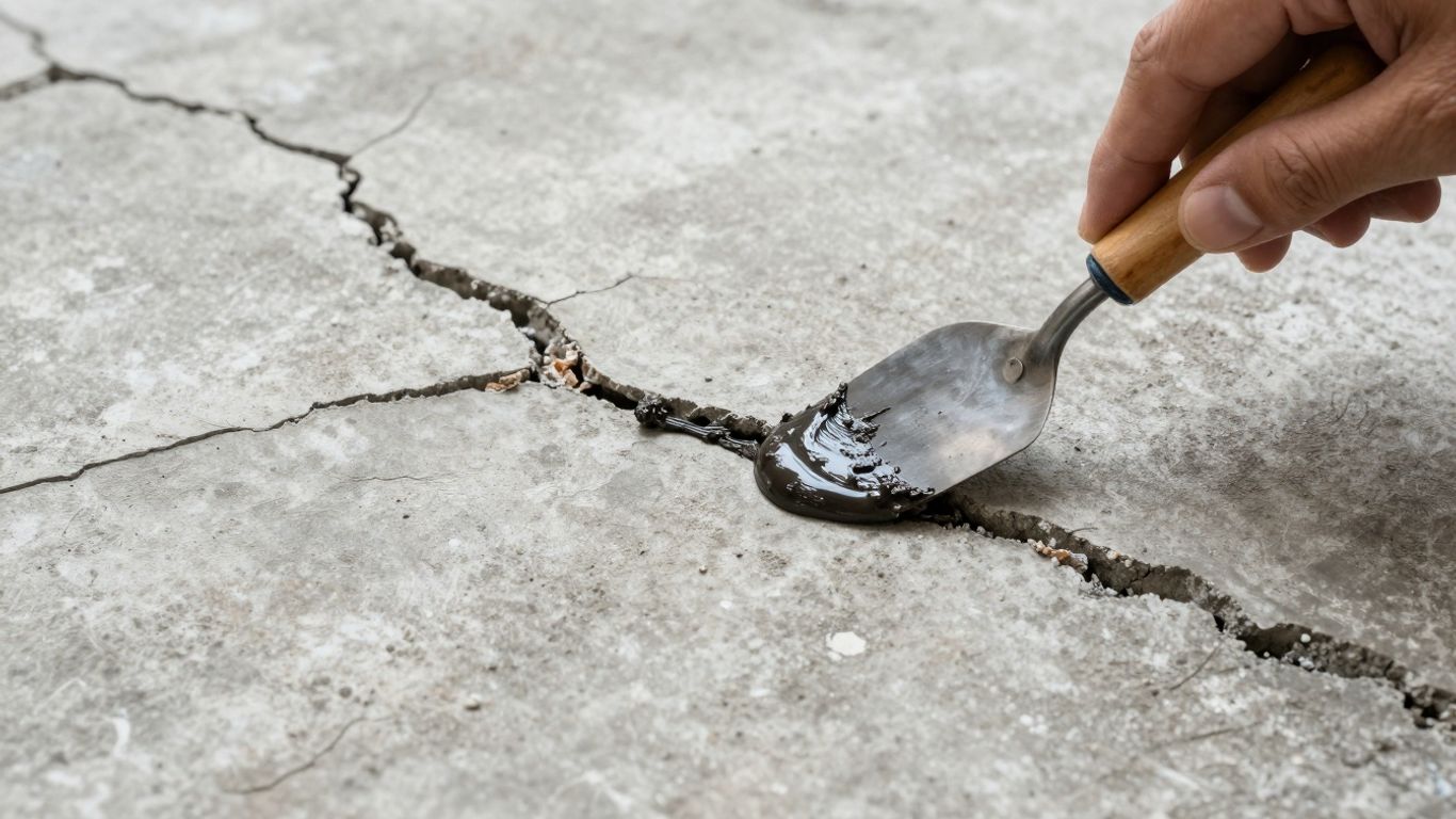 Applying crack filler to a damaged concrete surface.