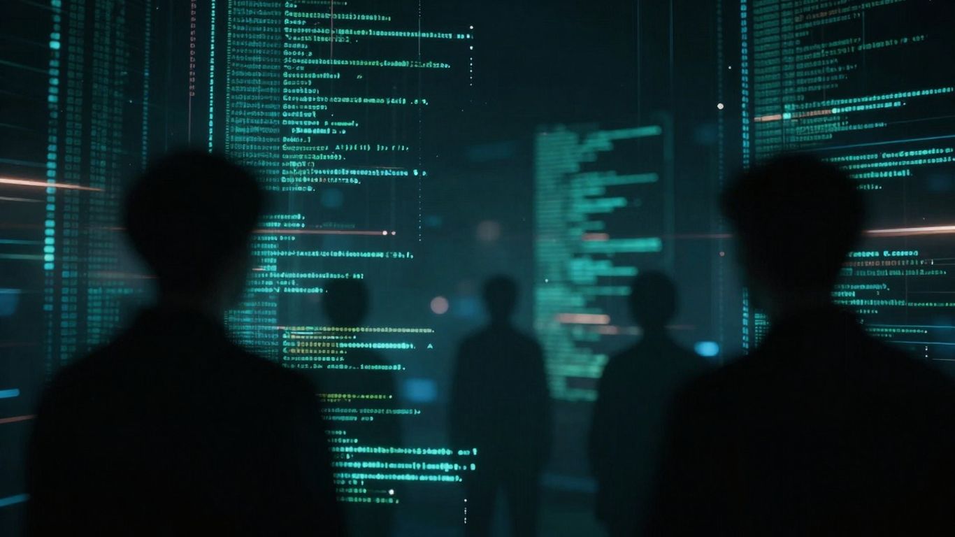 Abstract digital landscape with hidden data streams.