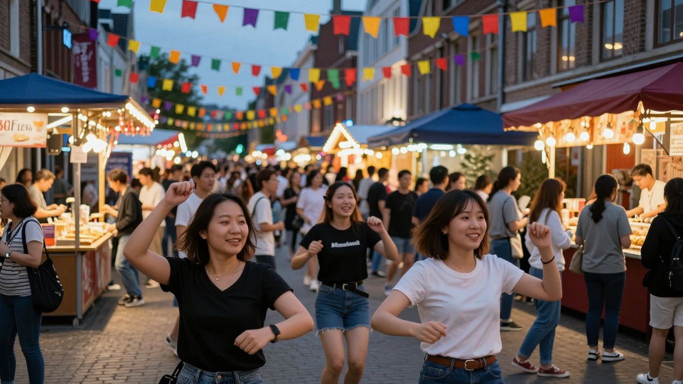 Drukte en sfeer op de Gentse Feesten met lichtjes.