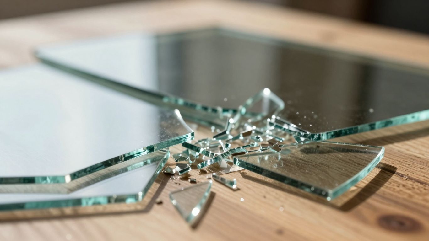 Cristal roto en primer plano, hogar dañado.