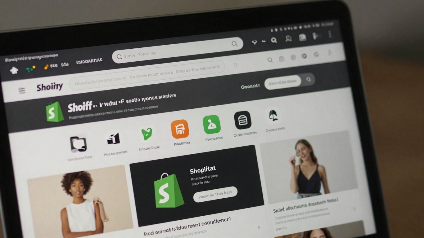 Interface Shopify avec icônes d'applications et tableau de bord