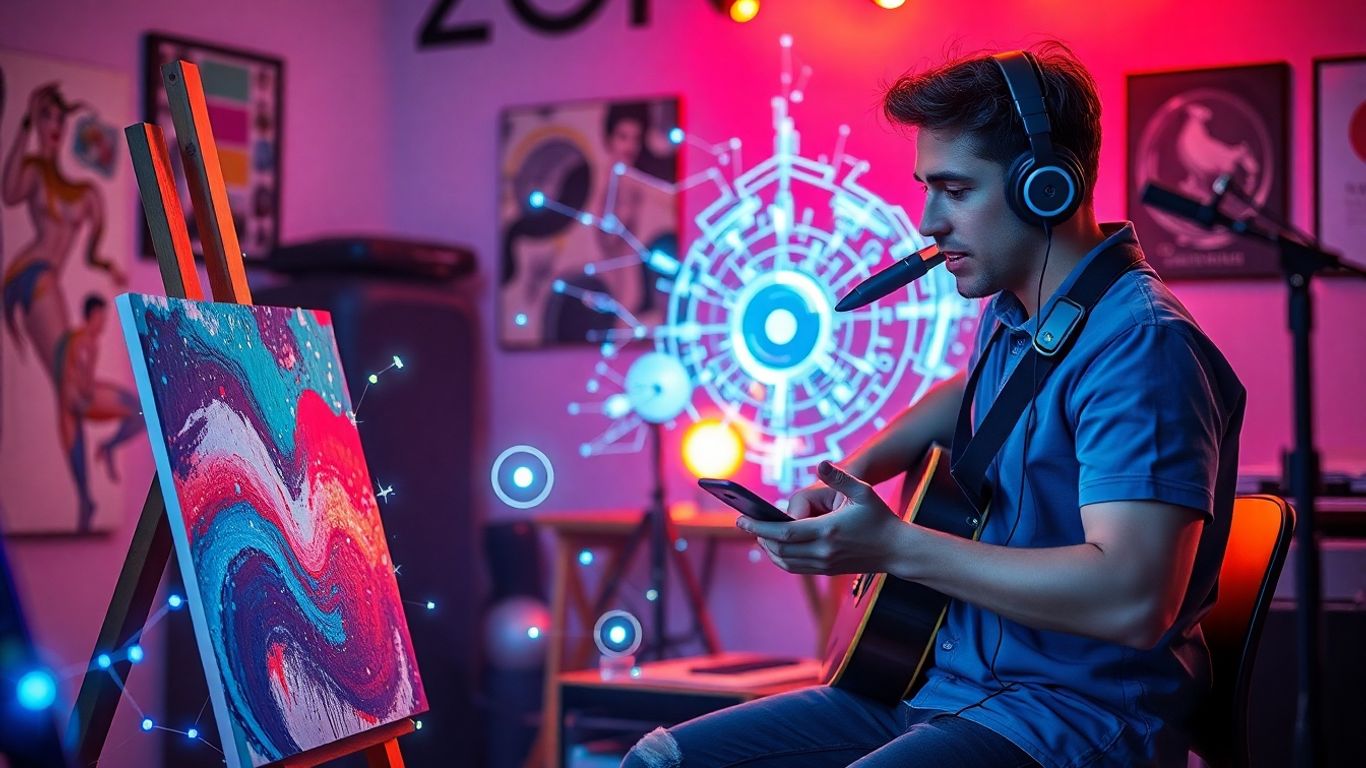 Artist and musician creating with futuristic AI technology