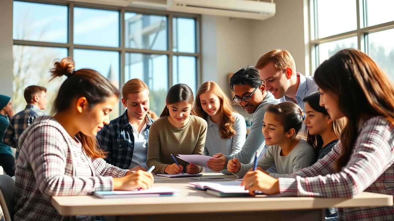 Estudantes e educadores em sala de aula moderna.