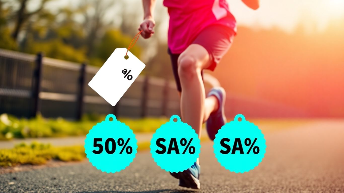 Runner with discount tags and savings icons.