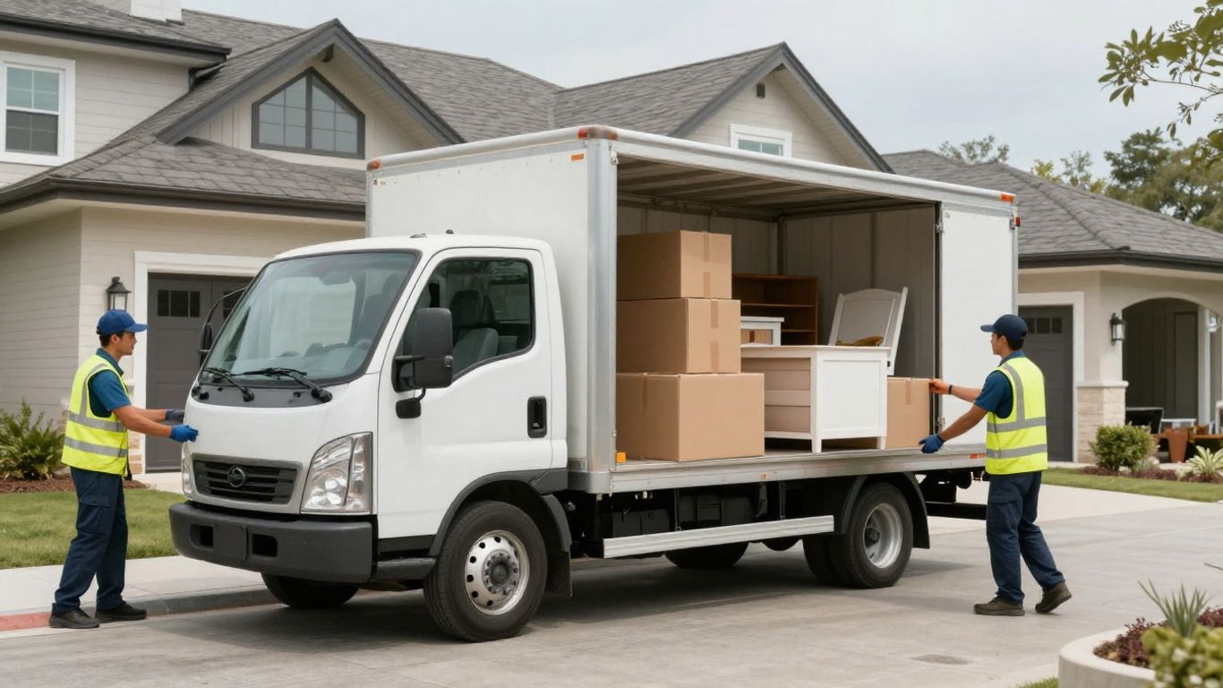 Packers and movers loading a truck with household items.