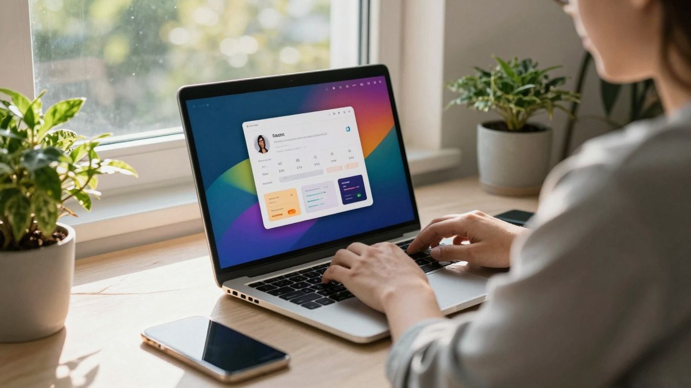 Person working on laptop at desk with plants.