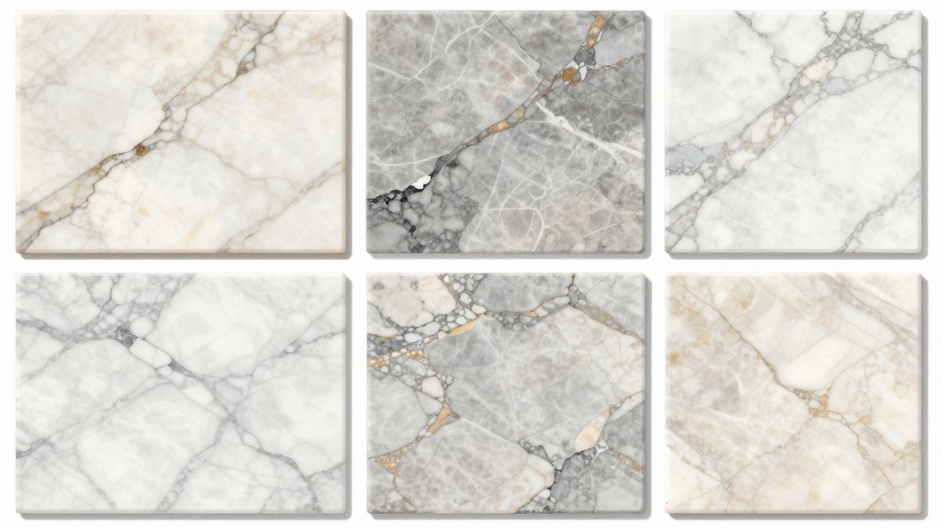 Polished marble tiles with natural veining and textures.