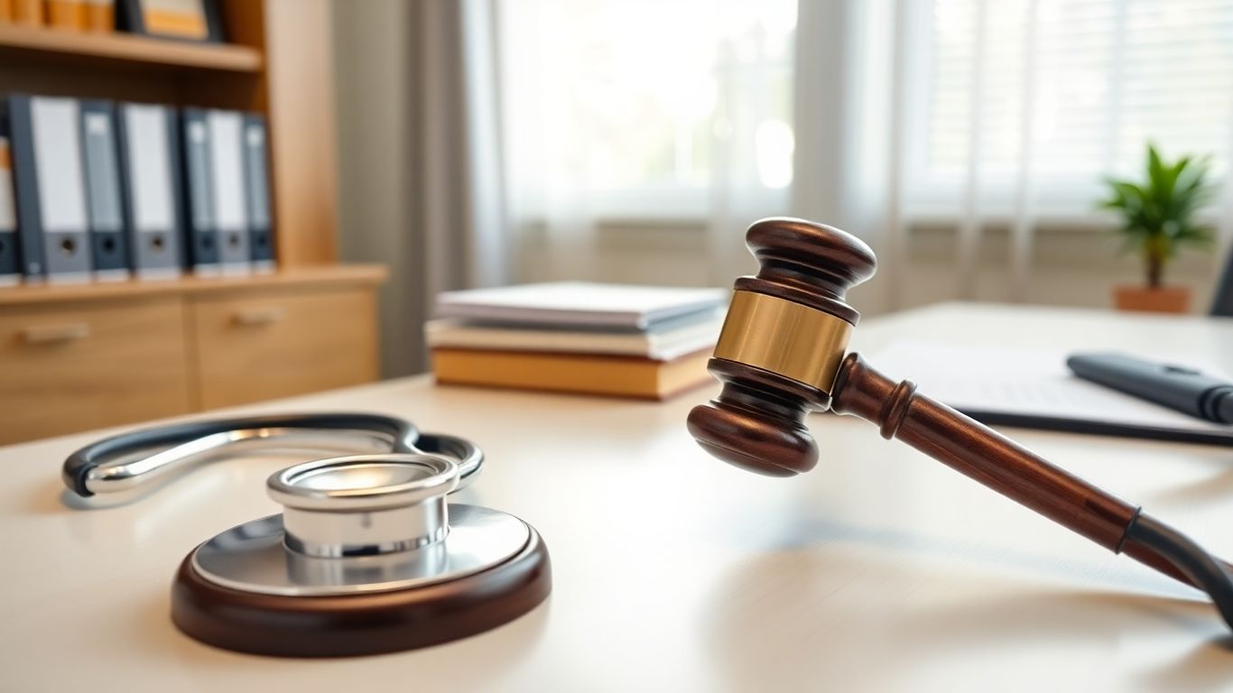 Stethoscope and gavel on desk in law office
