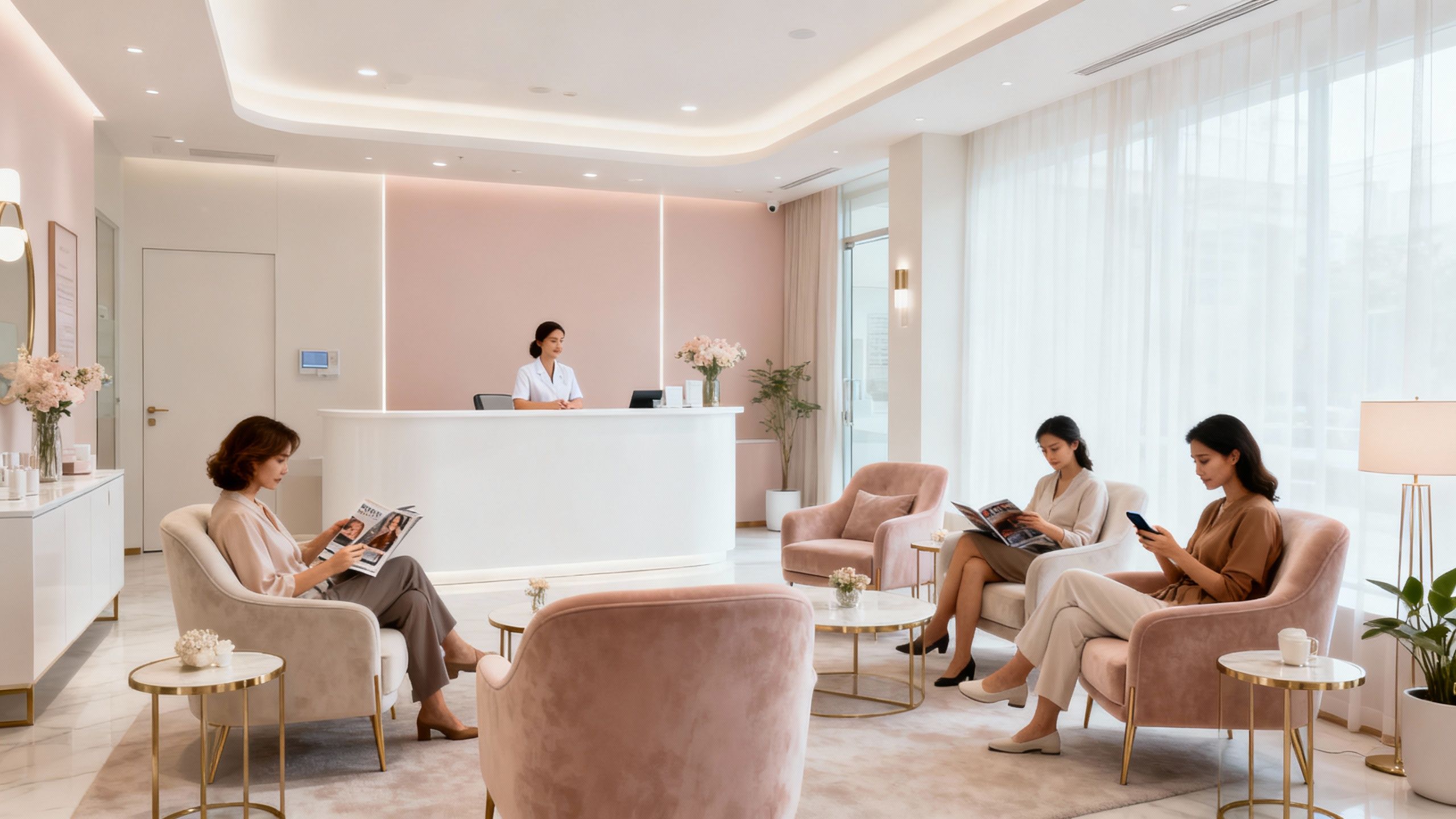 Aesthetic clinic interior with clients and staff.