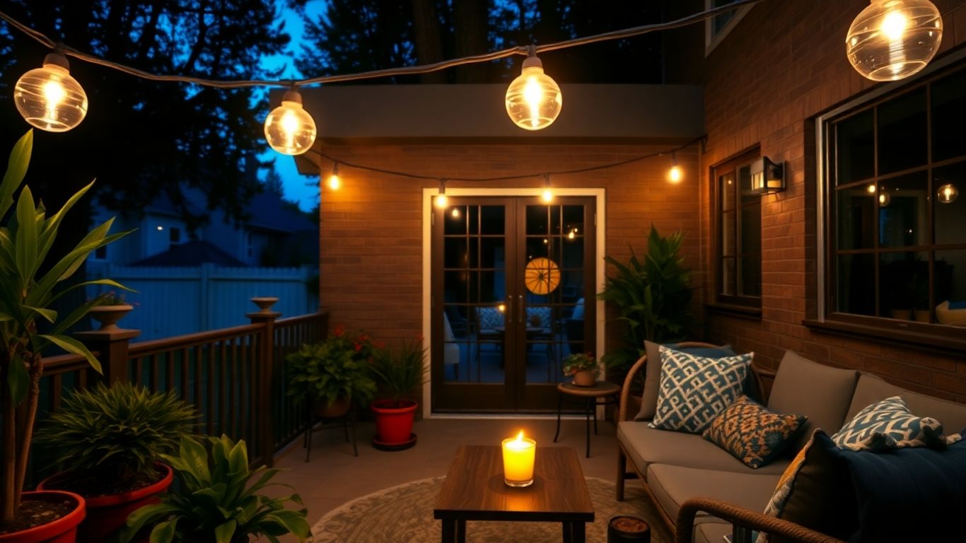 Small patio illuminated by warm string lights at dusk.