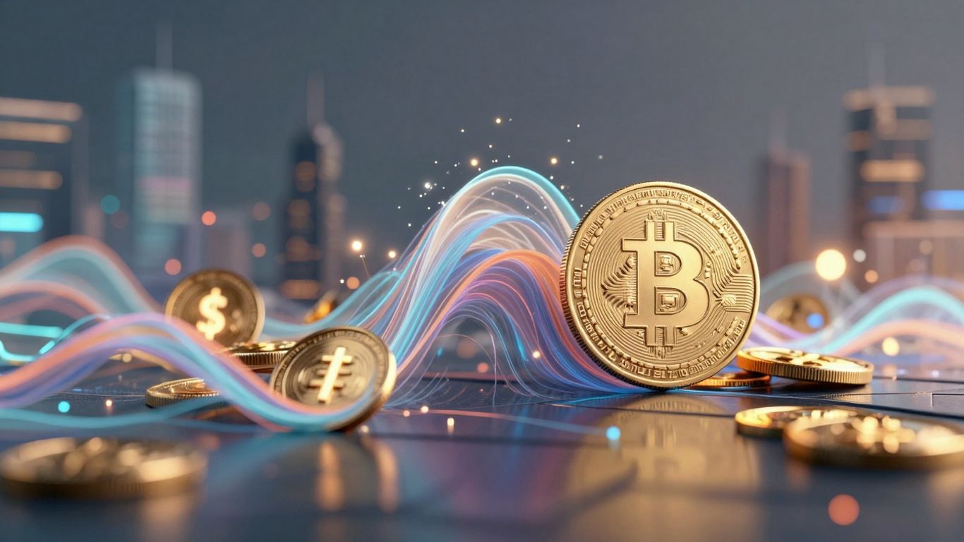 Abstract wave of altcoins with futuristic cityscape background.