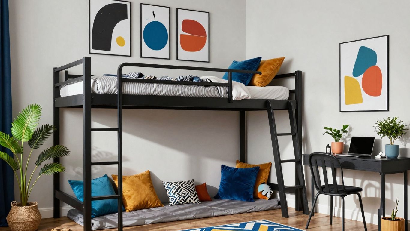 Stylish teen bedroom with loft bed and reading nook.