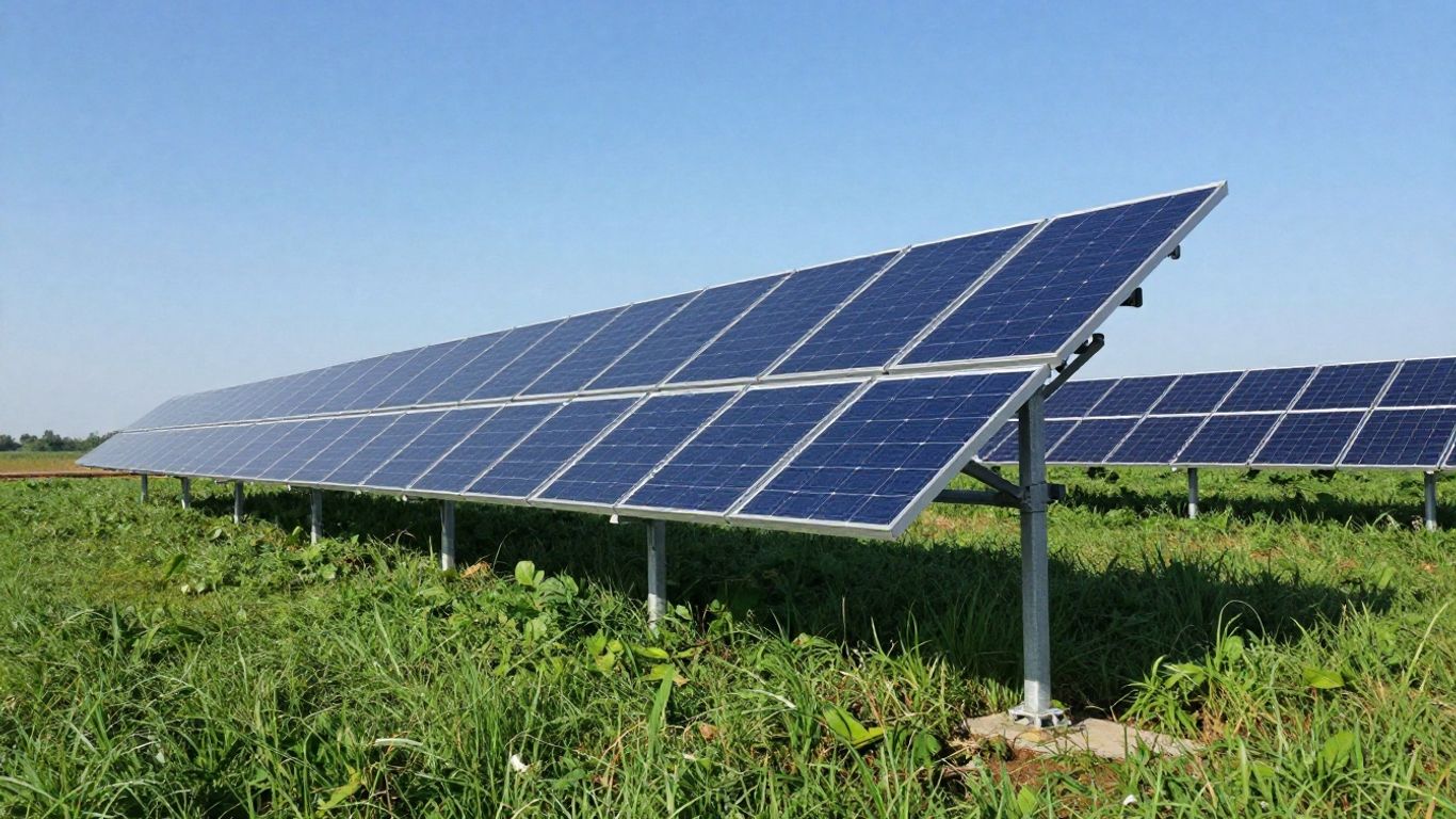 Panneaux solaires au sol dans un champ ensoleillé.