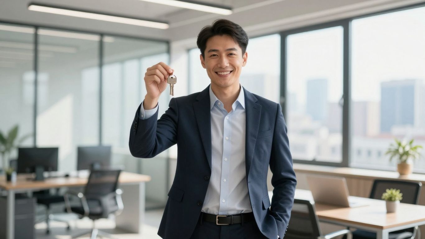 Real estate broker holding keys with cityscape background.
