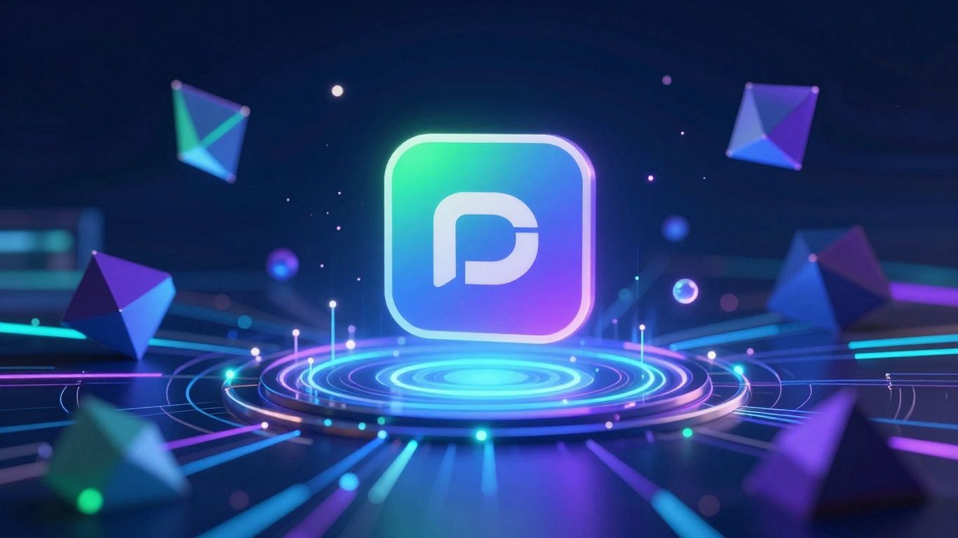 Futuristic application maintenance infographic with glowing data streams.