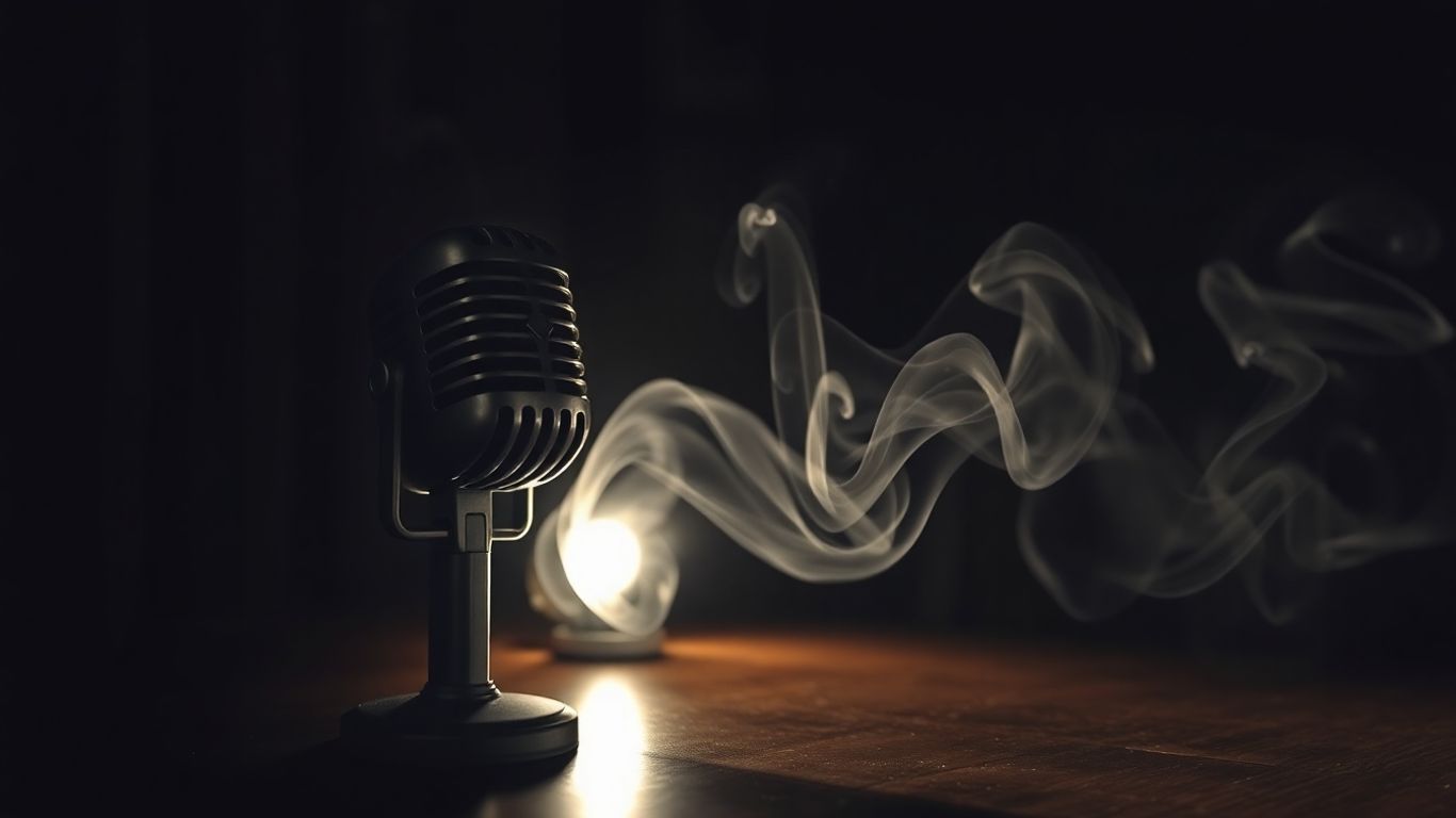 Micrófono antiguo en mesa de madera, humo etéreo.