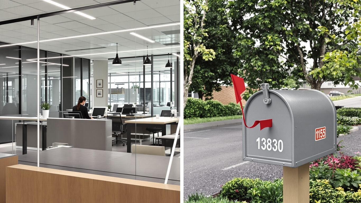 Virtual office interior versus a physical mailbox.