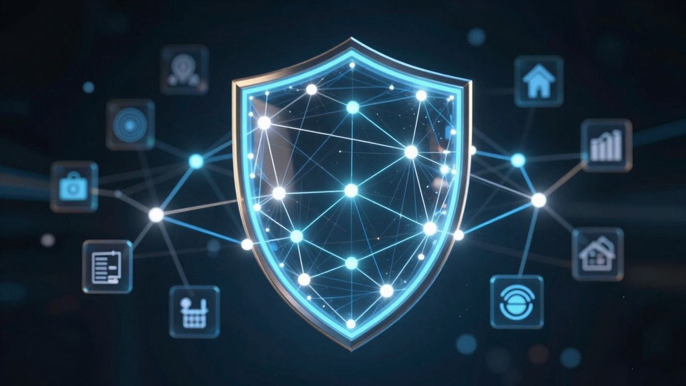 Digital shield with industry icons for cybersecurity frameworks.