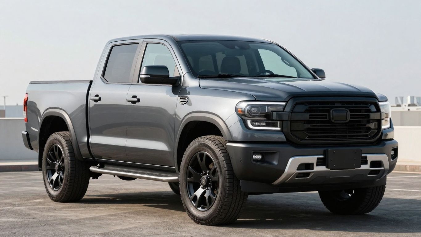Slate electric pickup truck parked outdoors.