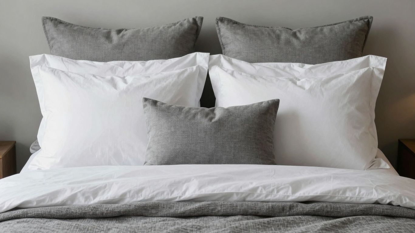 Neatly arranged bed pillows on a made bed.