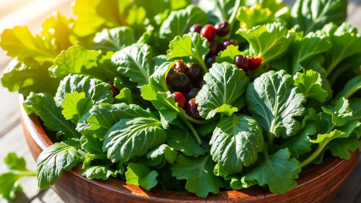Vibrant leafy greens in a wooden bowl.