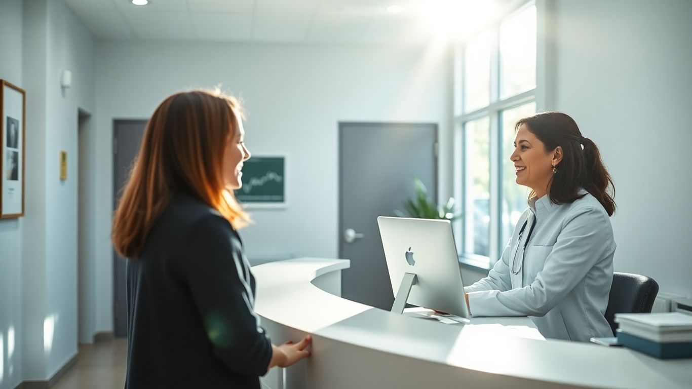 Clinic reception desk with patient and receptionist.