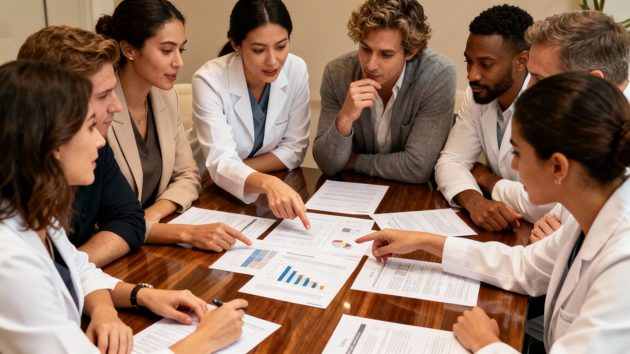 Medspa owners collaborating in a meeting about business growth strategies.