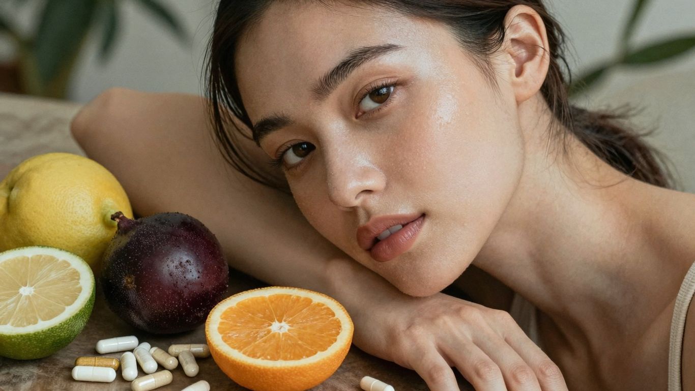 Femeie radiantă cu suplimente naturale și fructe proaspete.