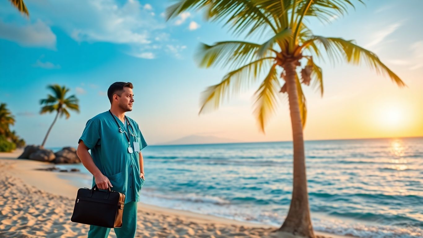 Doctor on a Bali beach near palm trees at sunset.