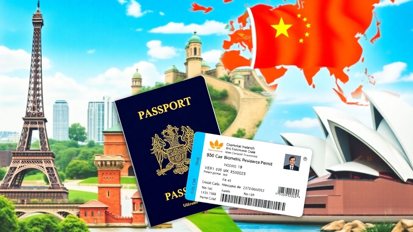 Global landmarks with UK passport and BRP card.