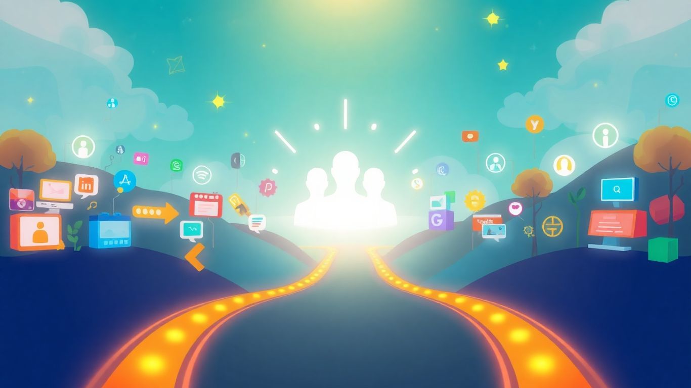 Digital landscape with business icons and community engagement.