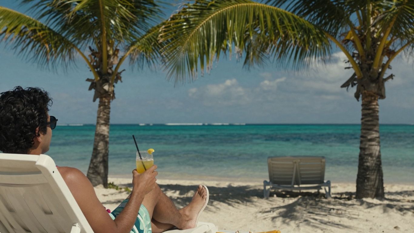 Warm beach scene with palm trees and ocean.