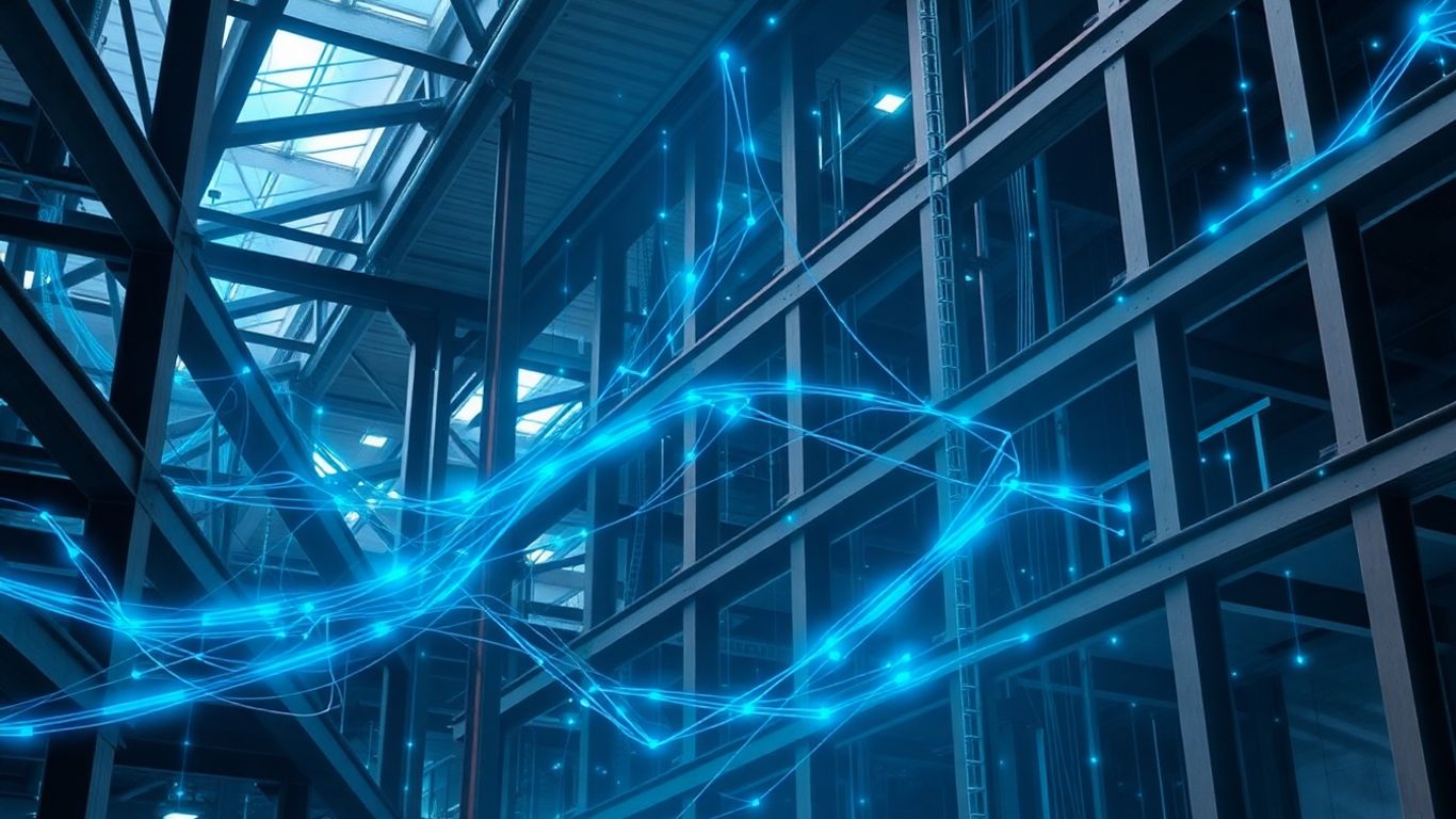 Construction site with digital cyber security overlay.