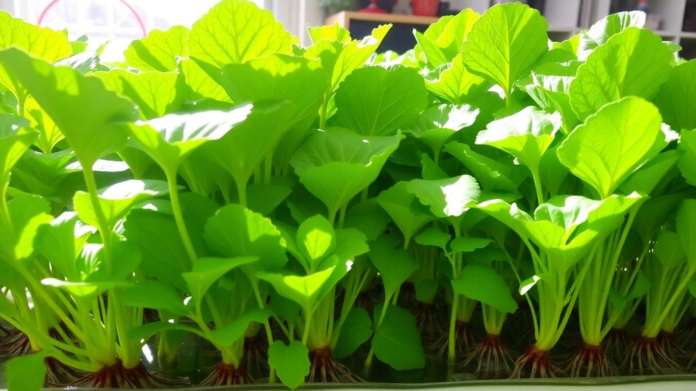 Home hydroponic garden with healthy green vegetables and visible roots.