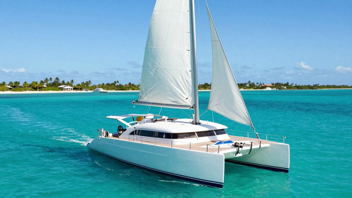 Catamaran sailing in clear Bahamas waters with islands.