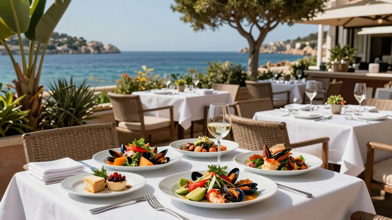 Elegant Ibiza restaurant terrace with gourmet food and sea view.