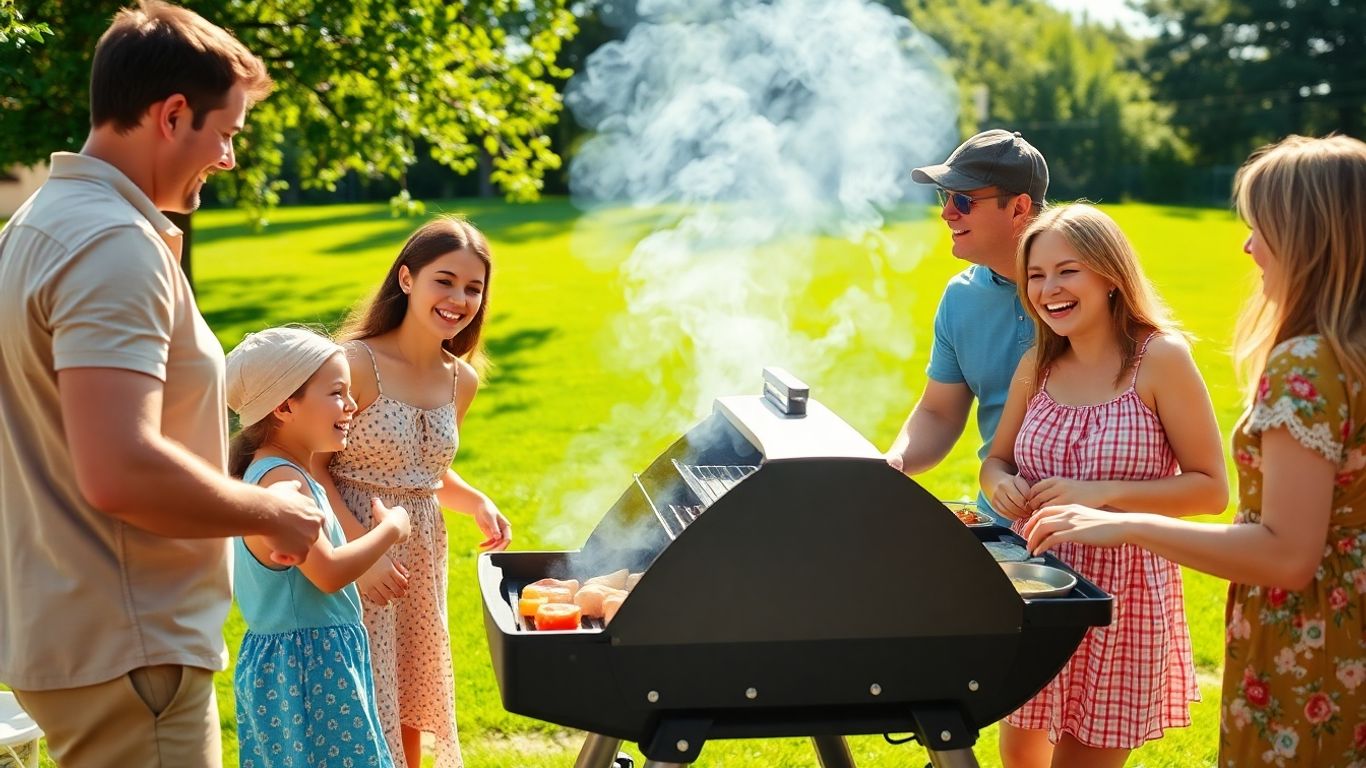 Family enjoying a barbecue in a backyard.