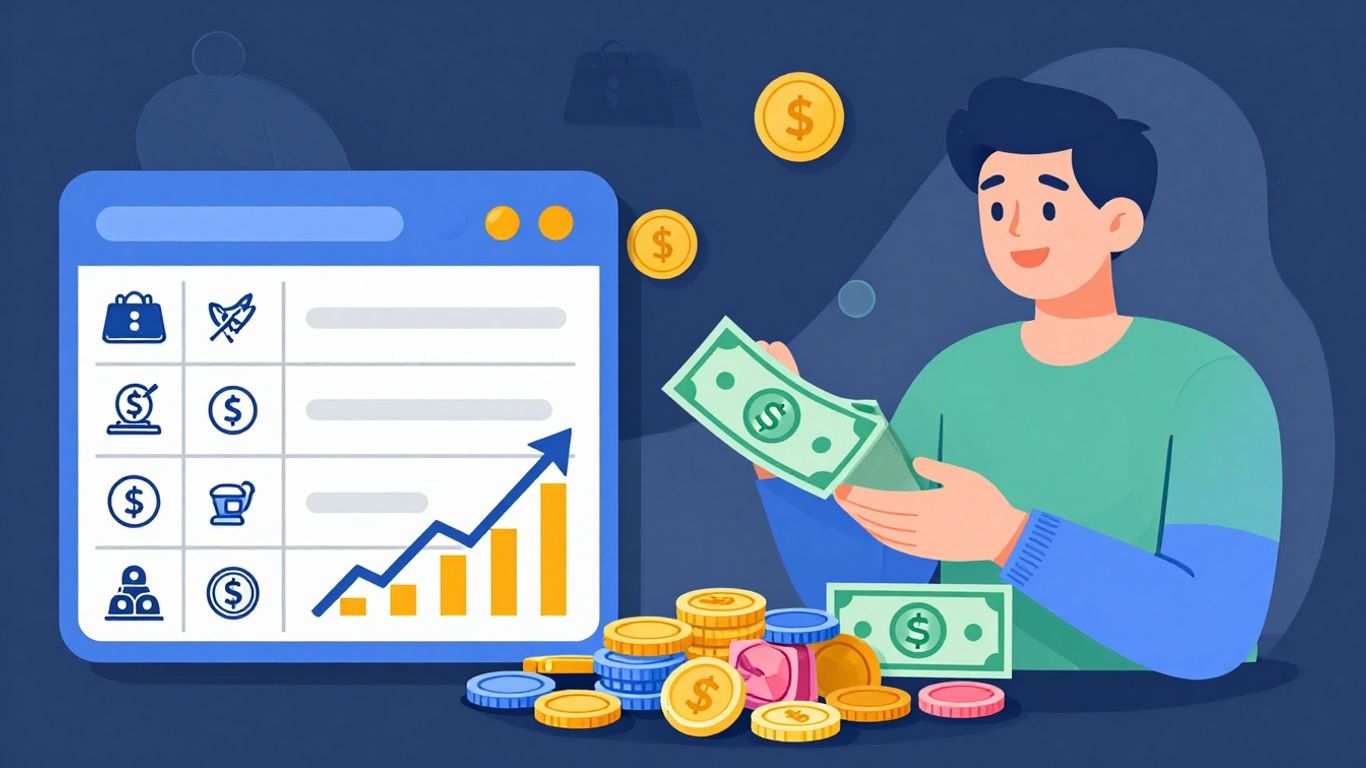 Planilha financeira com moedas e notas coloridas.