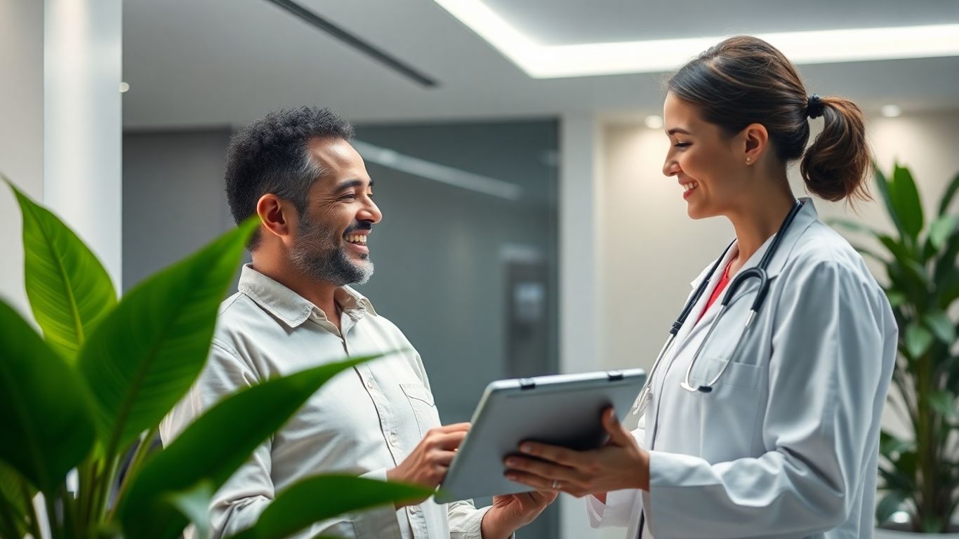 Clinic interior with patient and clinician using a tablet.