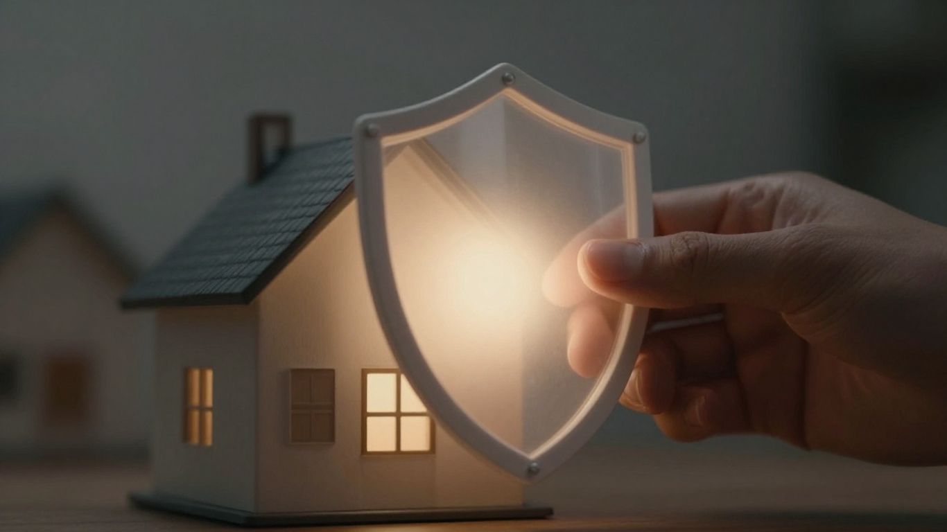 Hand protecting a house with a glowing shield.