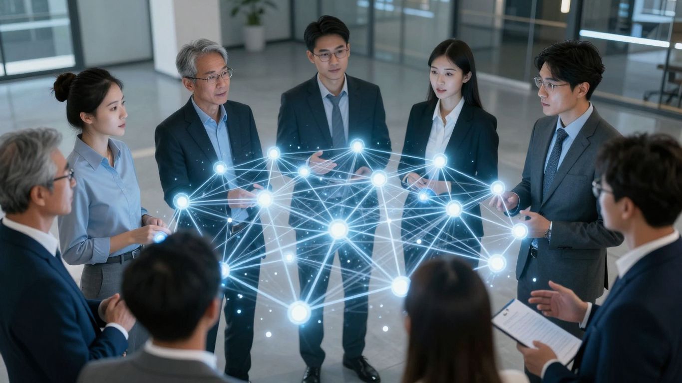 Digital health professionals collaborating around a holographic network.