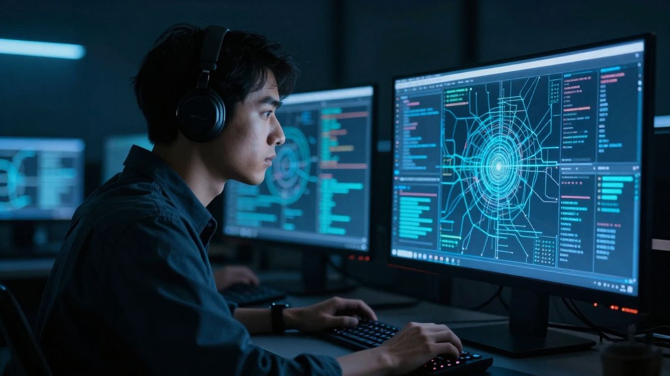 Cybersecurity operative analyzing digital network data for threats.