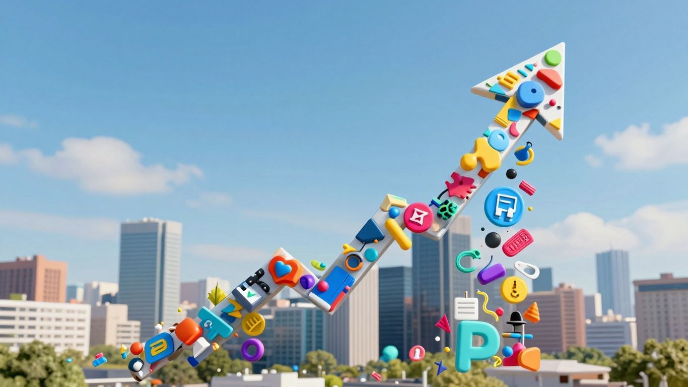 Upward arrow made of digital content elements