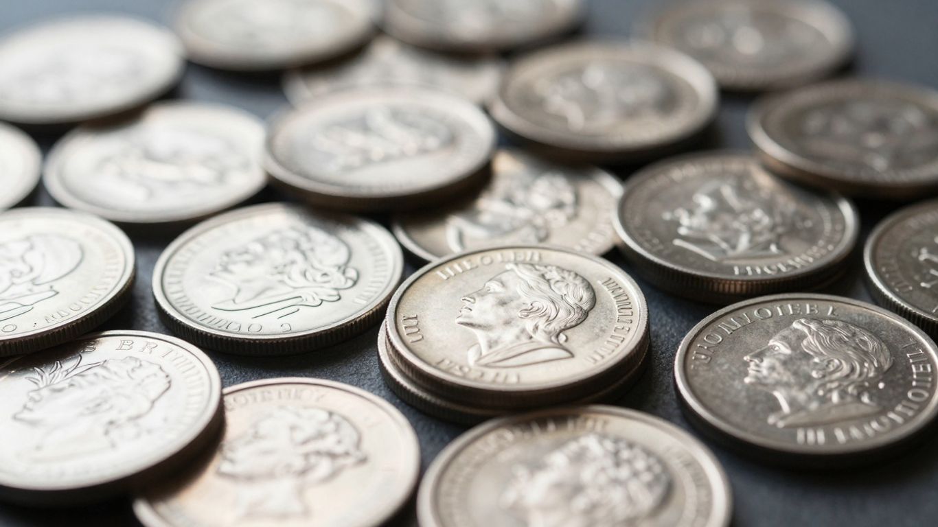 Gleaming silver bullion coins stacked and scattered.