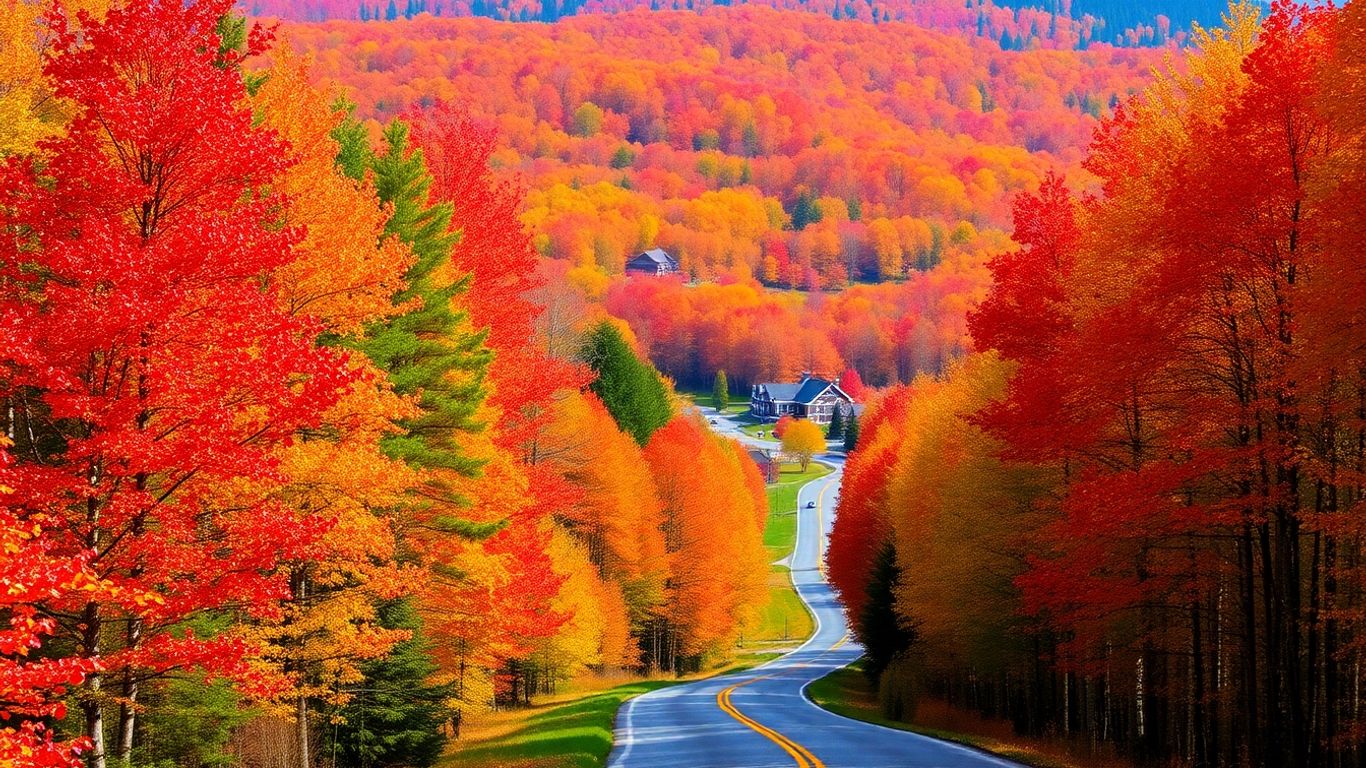 Autumn foliage in Stowe, Vermont with colorful trees.