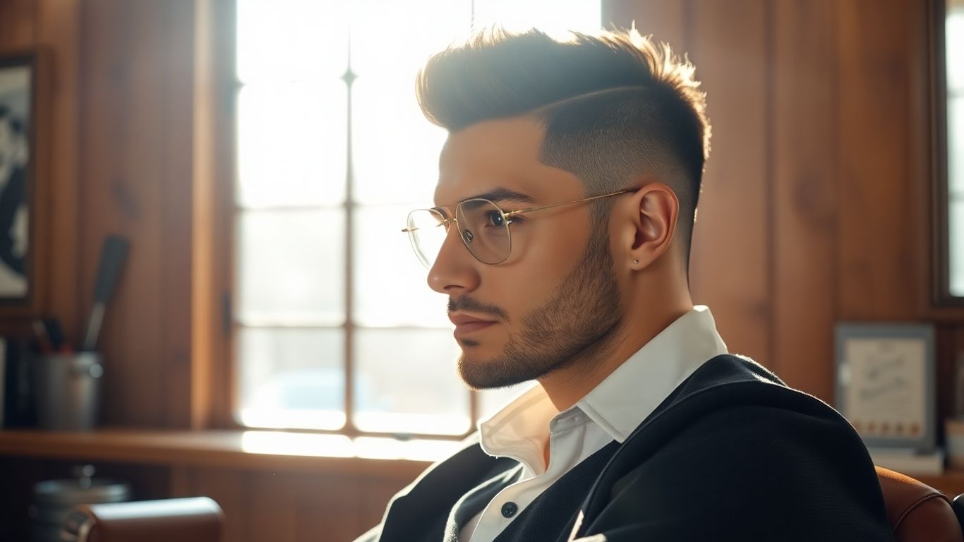 Man in barber chair, modern haircut, vintage shop.